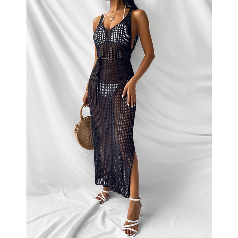 Vacation Beach Blouse Hollow Out Cutout Backless Knitted Dress Women Split Crochet hook Bella Mia